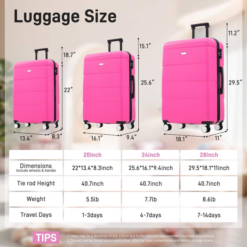 Hardshell Luggage Sets 3 Piece Double Spinner Wheels Suitcase with Handle Password Lock, Lightweight 20"+24"+28" Luggages