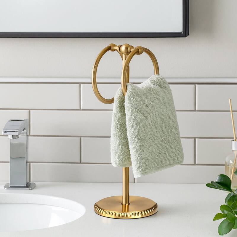 Aged Brass Gold Stainless Steel Double Ring Fingertip Towel Holder With Heavy Base - Gold