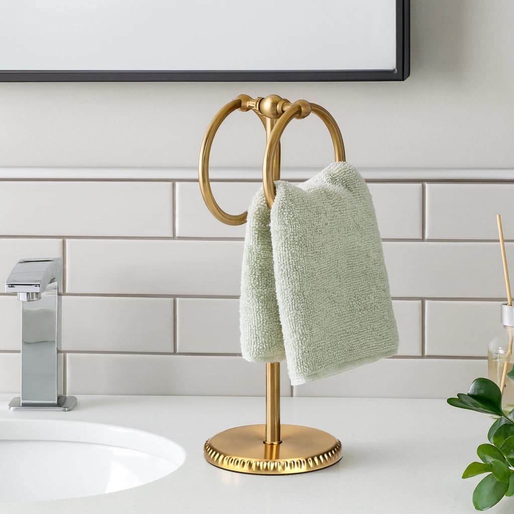 Aged Brass Gold Stainless Steel Double Ring Fingertip Towel Holder With Heavy Base