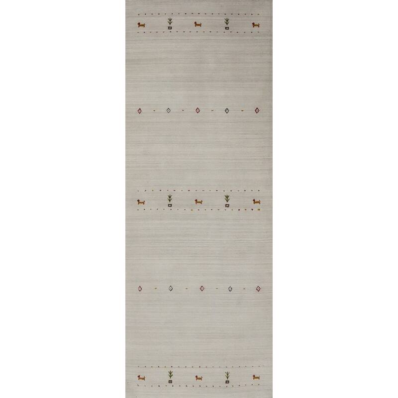 Hand Knotted Oriental 100% Wool Carpet Tribal Animal Pictorial Beige & Ivories Gabbeh Runner Rug - 9' 0'' X 2' 9''