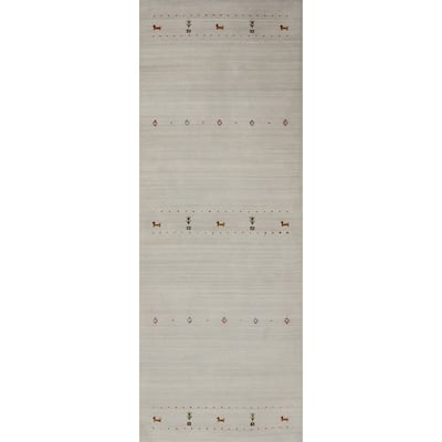 Hand Knotted Oriental 100% Wool Carpet Tribal Animal Pictorial Beige & Ivories Gabbeh Runner Rug - 9' 0'' X 2' 9''
