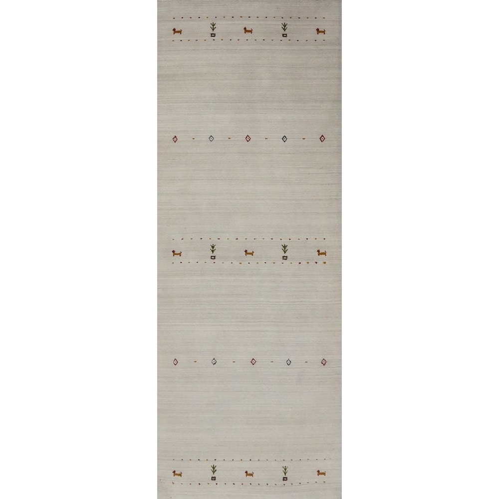 Hand Knotted Oriental 100% Wool Carpet Tribal Animal Pictorial Beige & Ivories Gabbeh Runner Rug - 9' 0'' X 2' 9''