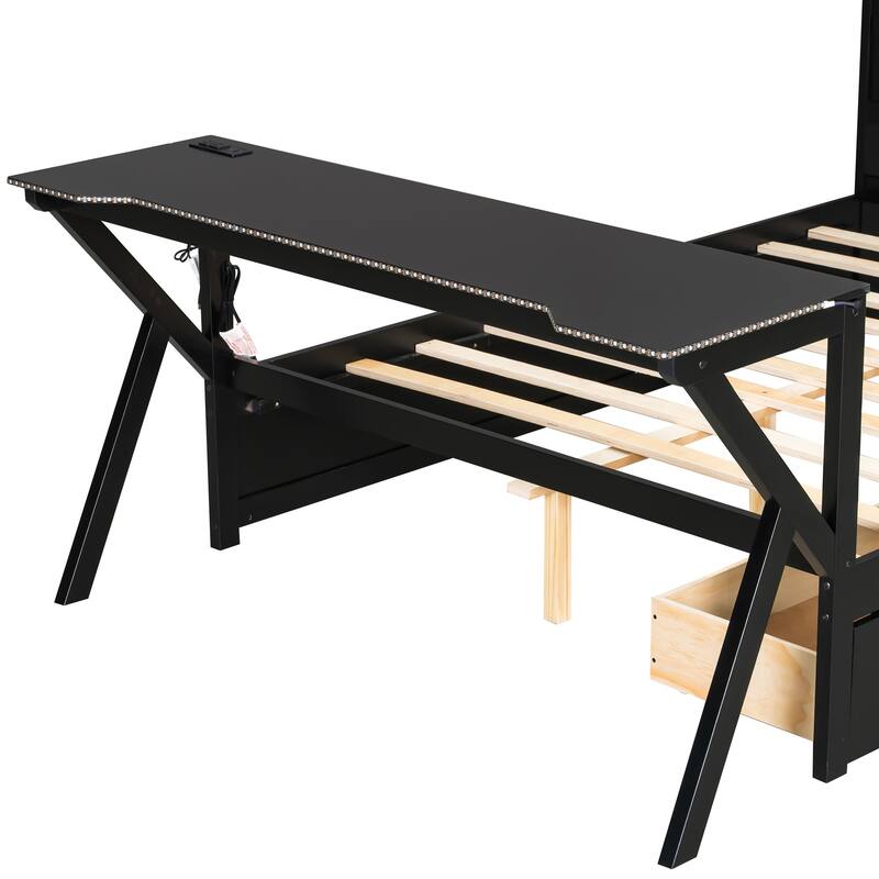 Roomfitters Twin/Full Wooden Gaming Platform Bed with LED Headboard, Desk and Drawers, Black