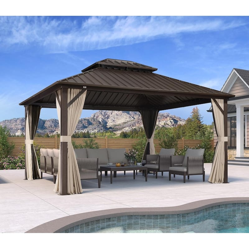 PURPLE LEAF Gazebo Outdoor Gazebo with Dual-Layer Galvanized Steel Double Roof Aluminum Gazebo with Netting and Curtains Bronze