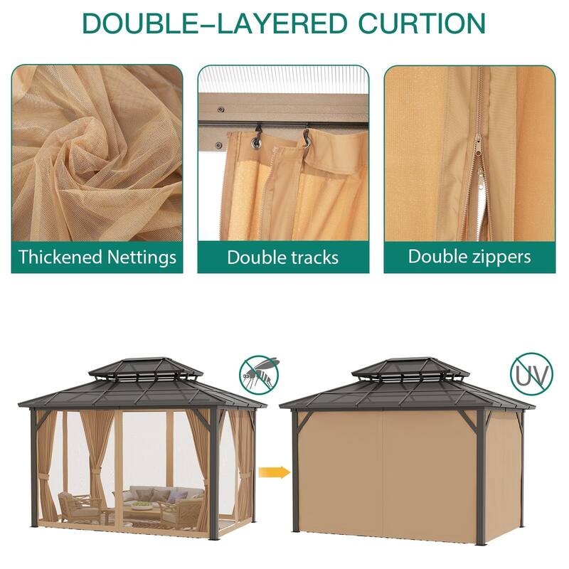 Heavy Duty Double Roof Outdoor Gazebo, with Netting and Sunshade Curtains