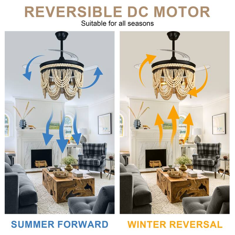 Bella Depot 42" Bohemian Retractable Ceiling Fan with Remote and Light 6-speed Reversible DC Motor