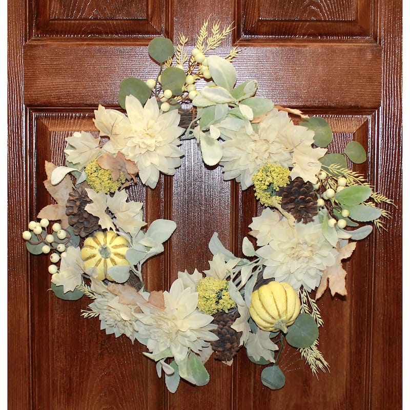 22" Artificial Fall Dahlia Pumpkin Pine Cone Wreath on Natural Twig Base - 22