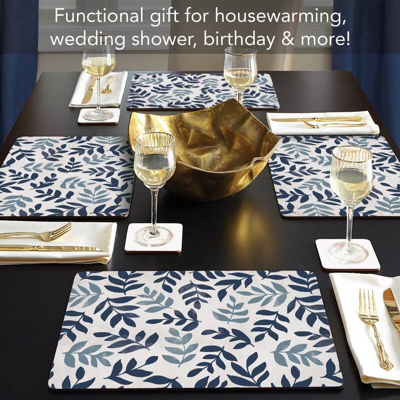 Blue Leaf Floral Decorative Hardboard Placemats with Protective Cork