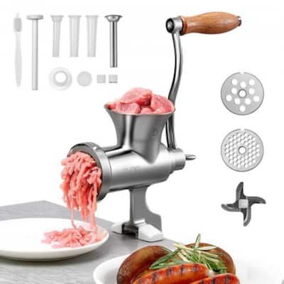 Silver Stainless Steel Manual Meat Grinder with Sausage Attachments - 11.2 x 3.4 x 8.9 inch