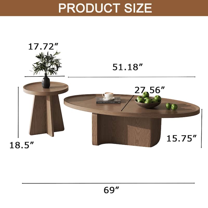 Mid Century Round Brown Solid Wood Coffee Table Set of 2, Solid wood Veneer