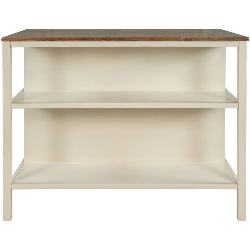 Farmhouse Style 45" Solid Wood Kitchen Island with Drop Leaf, Open Shelves, and Dining Space for Small Kitchens