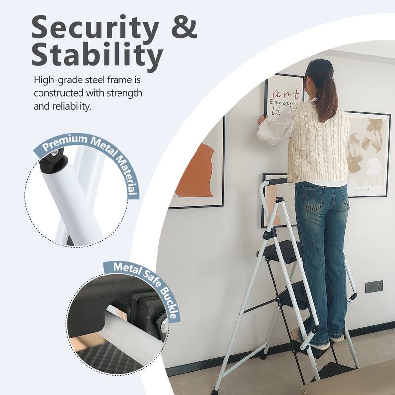 White 4-Step Folding Ladder with Safety Handle and Anti-Slip Pedals
