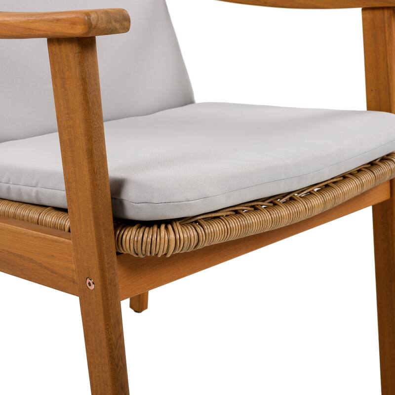 Outdoor Dining Chairs Set Of 2,Teak Color Acacia Wood Frame,Pe Wicker,Waterproof Cushion,Ideal For Patios,Gardens