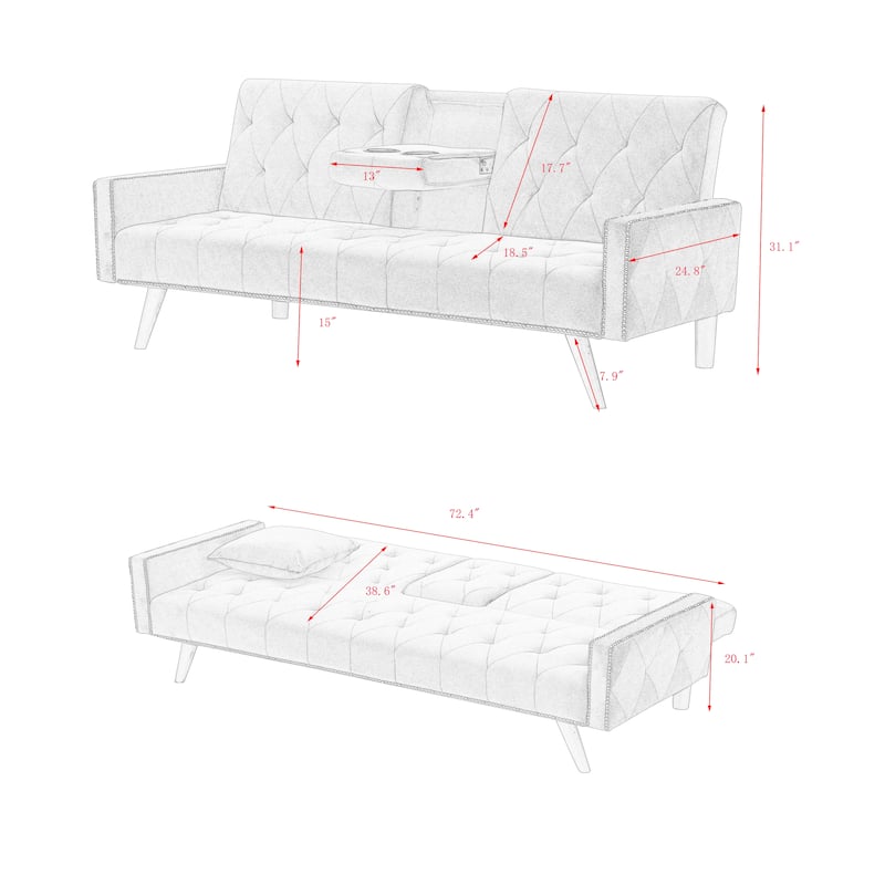 1730 Sofa Bed Armrest with Nail Head Trim with Two Cup Holders 72" Pink Velvet Sofa for Small Spaces
