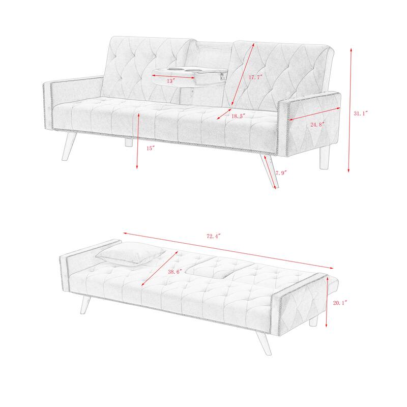 72" Pink Velvet Sofa Bed with Armrest, Nail Head Trim and Two Cup Holders for Small Spaces