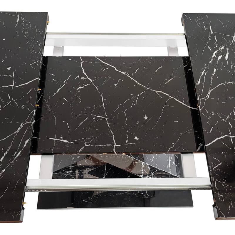 Modern Square Dining Table,Stretchable,Printed Marble Table Top+ X-Shape Table Leg with Metal Base
