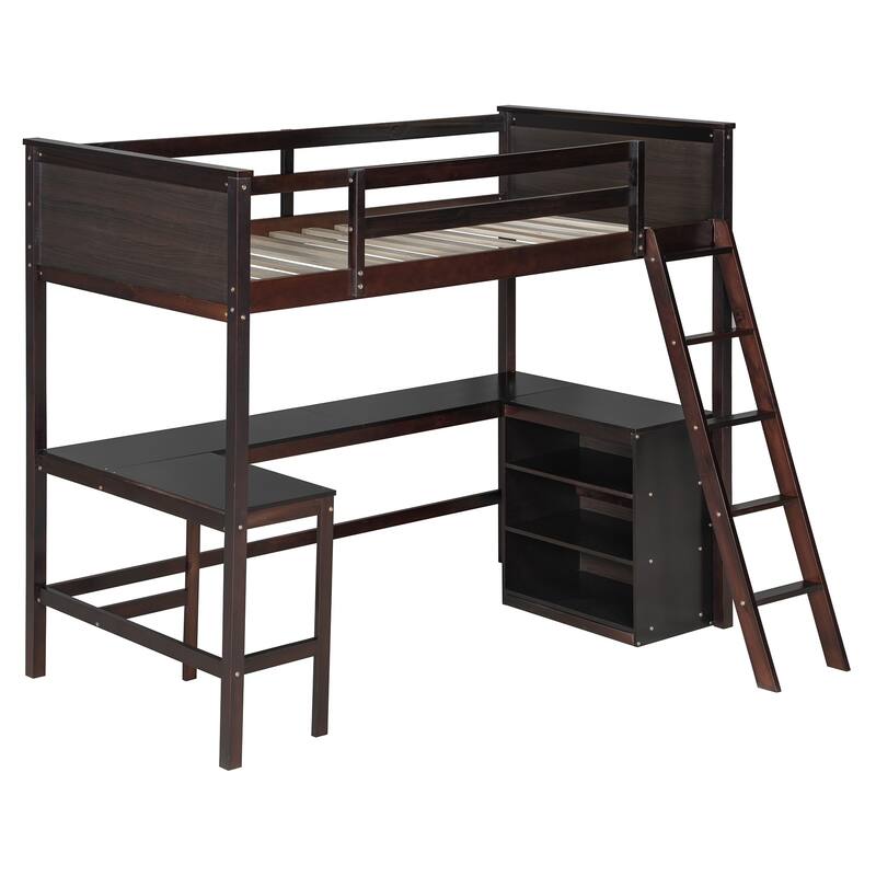 Space-Saving Twin Loft Bed with Shelves, Desk, and Guardrails