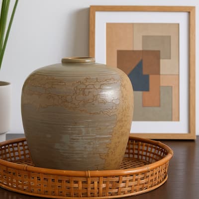 Simie Decorative Round Vase, Subtle Texture Brown Gray Ceramic 11 Inch