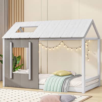 Roomfitters Twin Size House Platform Bed with Roof and Window Design