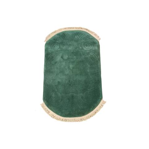 Green Art Deco Vintage Oval Area Rug Hand-knotted Wool Carpet - 3'0" x 4'11"