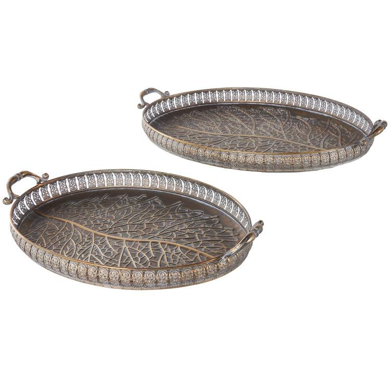 Brass Metal Ornate Oval Scroll Living Room Decor Tray with Tree Patterned Interior (Set of 2)