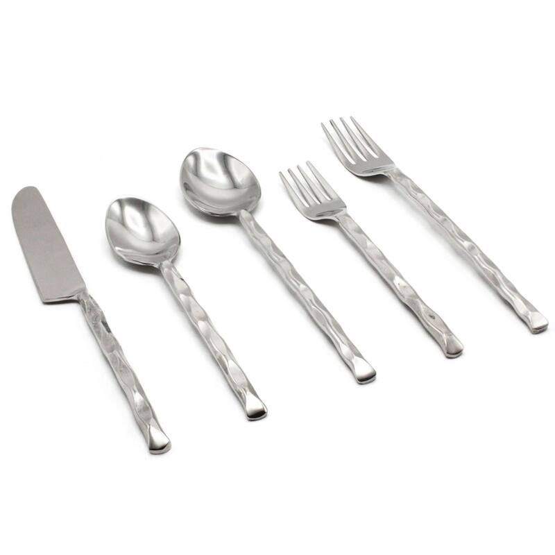 Elyon Diamond Tip Reflective Silver 20 Piece Flatware Set Indian Artisan-Made Set Hand-Forged Stainless Steel Service for 4