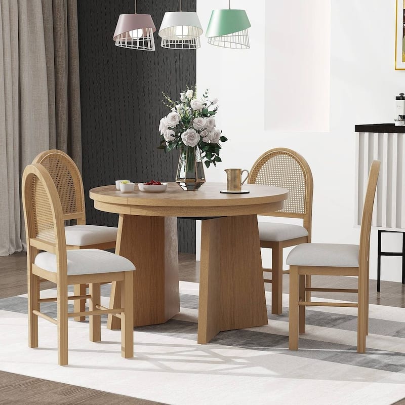 5 PCS Retro Functional Extendable Dining Set for 4 with 4 Upholstered Chairs with Rattan Backrests