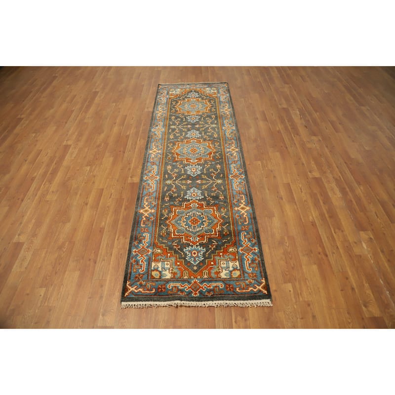 Hand Knotted Oriental 100% Wool Carpet Transitional Floral Greys & Charcoal Oushak Runner Rug - 8' 0'' X 2' 7''