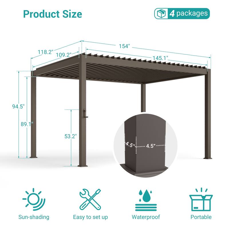 BONOSUKI Outdoor Aluminized Steel Louvered Pergola with Adjustable Roof, Brown