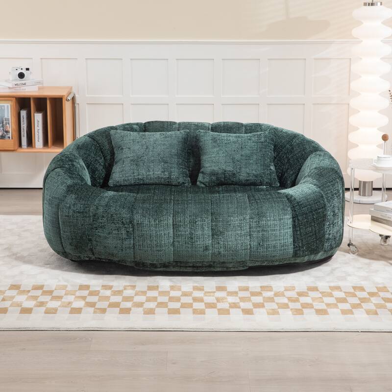 Chenille Giant Bean Bag Chair, High-Density Foam Lazy Sofa Chair, Round Bean Bag Sofa with 2 Pillows & Curved Armrests