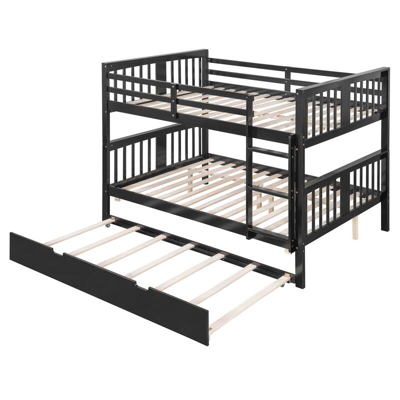Full over Full Bunk Bed with Twin Trundle and Ladder in Espresso Finish
