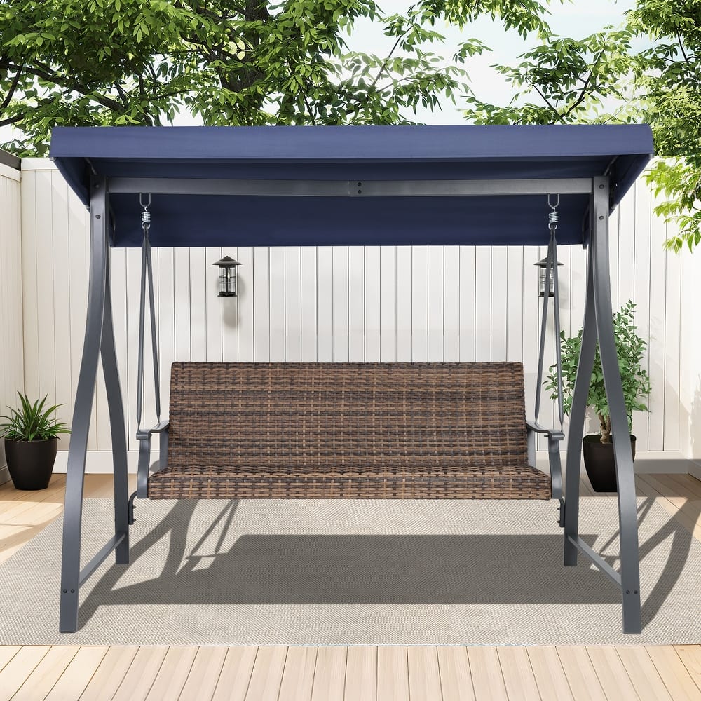 Aoodor 3-Seat Outdoor Rattan Patio Swing with Adjustable Canopy - Stylish Comfort for Your Porch, Garden, and Yard