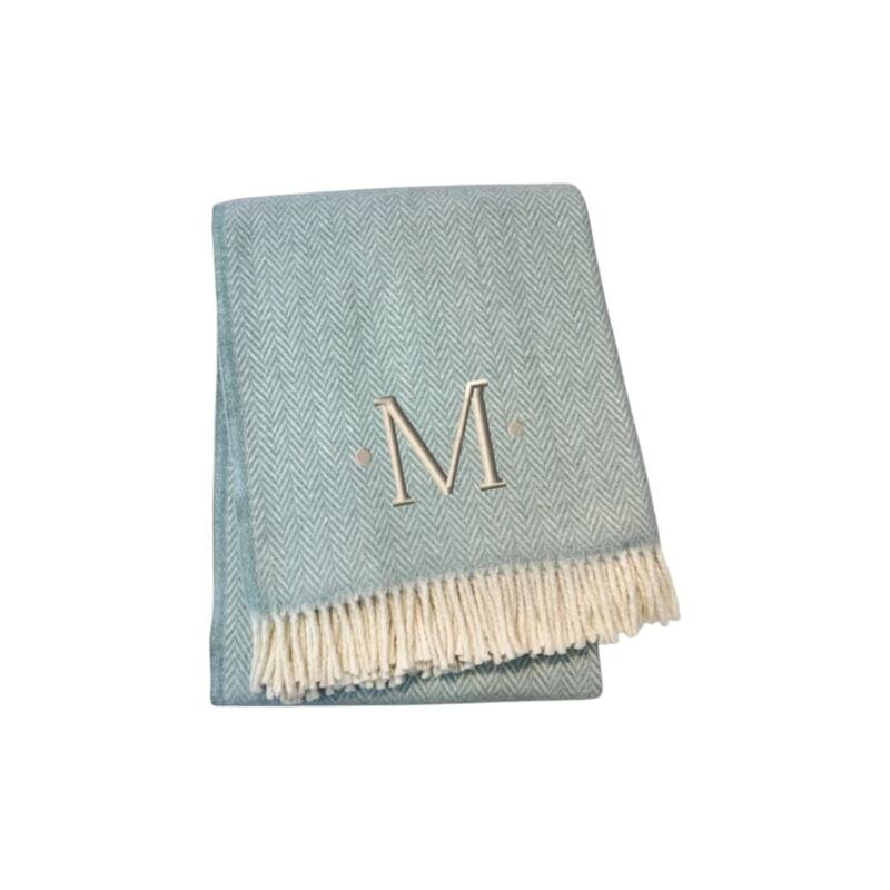 HomeRoots 55" X 70" Sky Blue And White Herringbone Cotton Blend M Initial Throw Blanket with Tassels And Embroidery