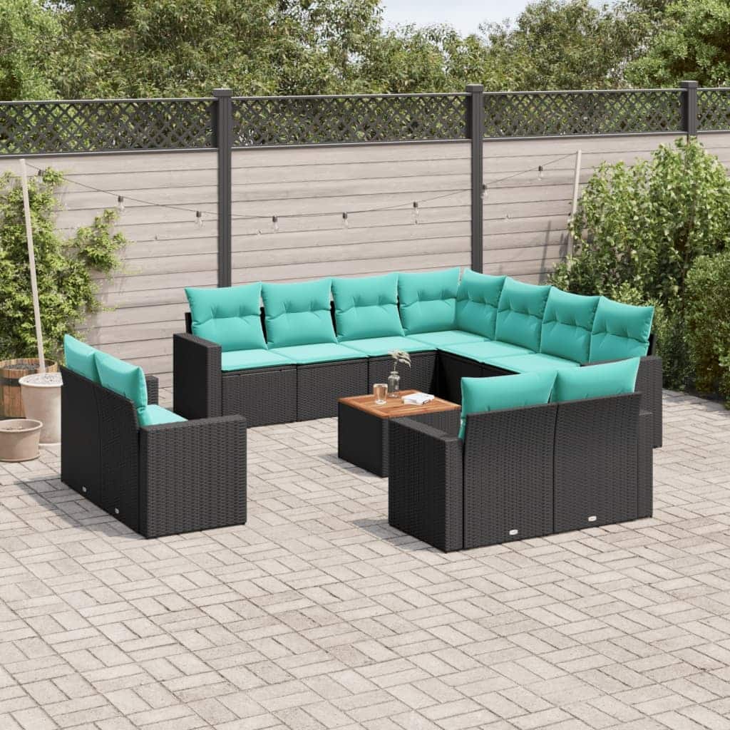vidaXL 12 Piece Patio Sofa Set with Cushions Black Poly Rattan - 24.4x24.4x27.2