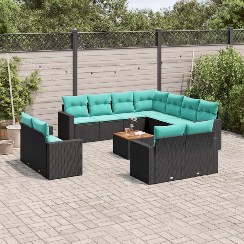 vidaXL 12 Piece Patio Sofa Set with Cushions Black Poly Rattan - 24.4x24.4x27.2