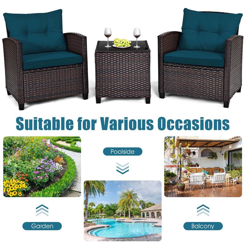 Gymax Set of 3 Rattan Furniture Set Patio Cushioned Conversation Set