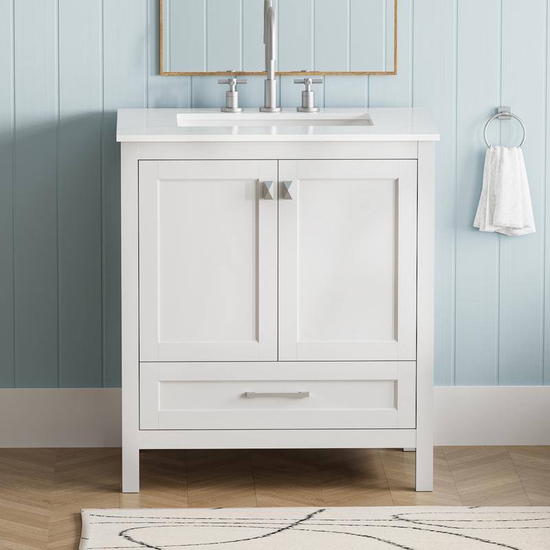 ABRUZZO 30" Freestanding Bathroom Vanity with Carrara Marble Top Solid Wood Frame Soft-Close Doors Undermount Ceramic Sink - White