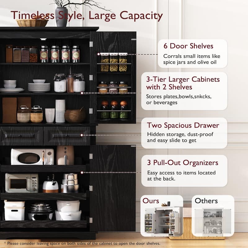 71" Tall Kitchen Pantry Cabinet with 3 Pull-Out Organizers, Freestanding Cupboard With Adjustable Shelves, Versatile Storage