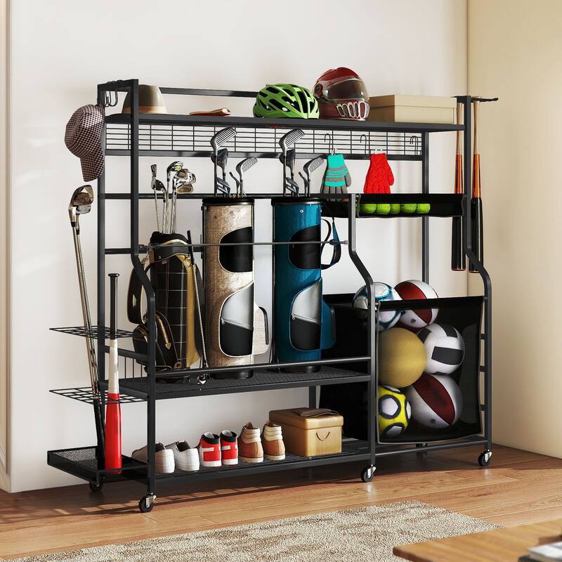 Moasis Sports Equipment Organizer, Golf Bags Storage Stand with Wheels - Black