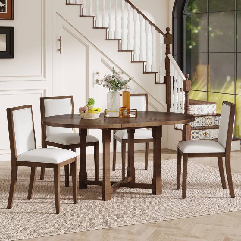 5-Piece Extendable Dining Table Set for 4, Round Dining Table for 4 with Upholstered Chairs, Farmhouse Kitchen Table Set