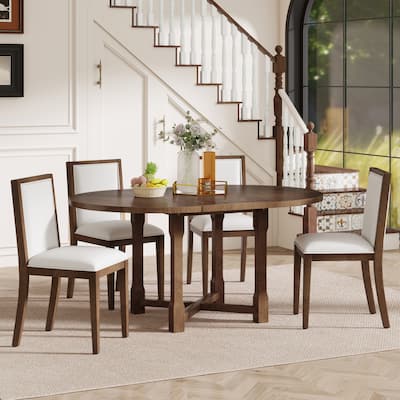 5-Piece Extendable Dining Table Set for 4, Round Dining Table for 4 with Upholstered Chairs
