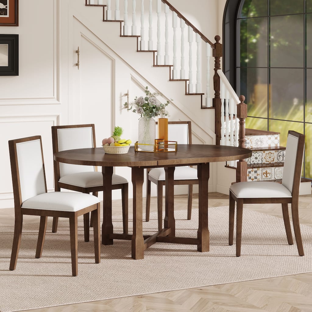 5-Piece Extendable Dining Table Set for 4, Round Dining Table for 4 with Upholstered Chairs
