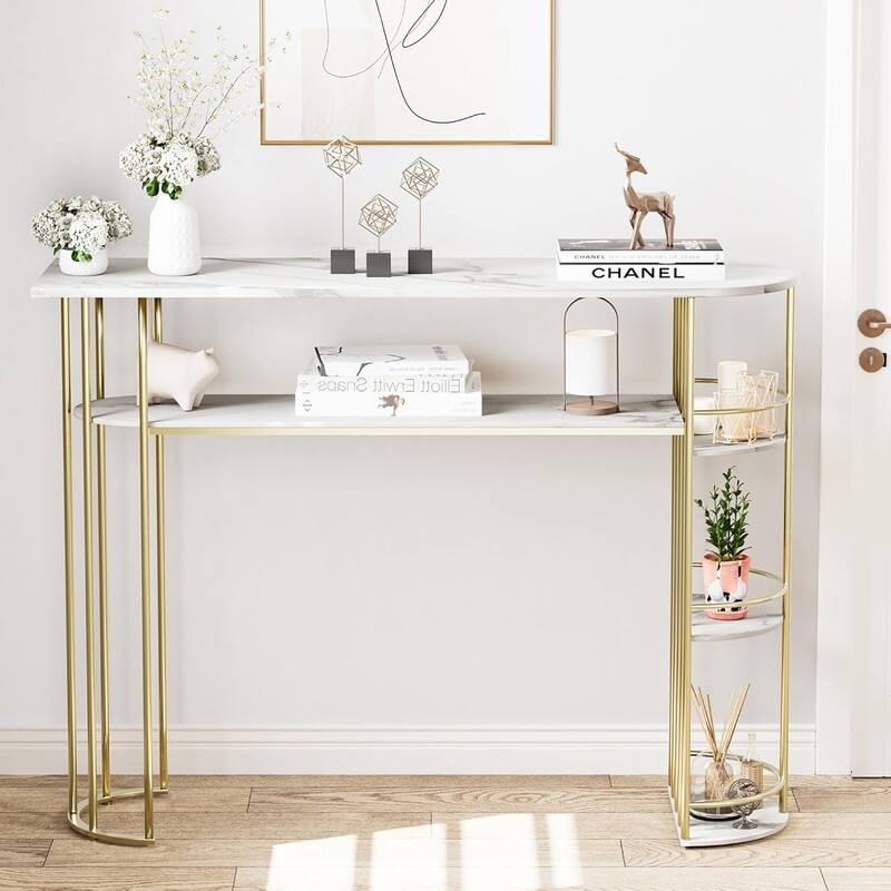 Console Table Gold Sofa Tables Narrow Entryway Table with Storage and Shelves - Gold