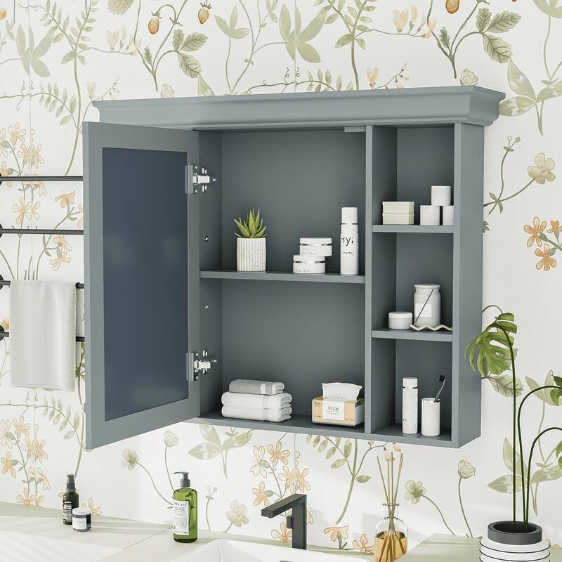 Wall Mounted Bathroom Storage Cabinet with Mirror Door, 5 Adjustable Shelves, and Towel Rod