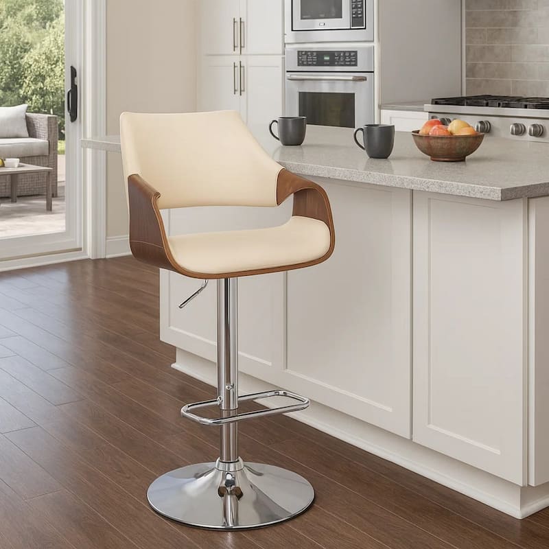 Bar Stool with Curved Leatherette Back and Seat, Cream