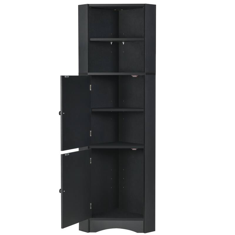 Bathroom Storage Corner Cabinet with Open Shelves, Adjustable Shelves, Rhombus Pattern Cabinet Doors and Curved Line Base