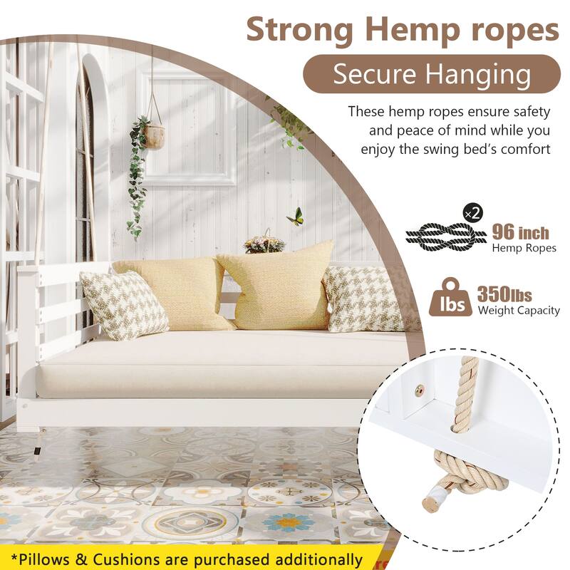 Patio Wooden Twin Size Swing Daybed Porch Swing Frame With Hemp Ropes (Excluding the table) - White