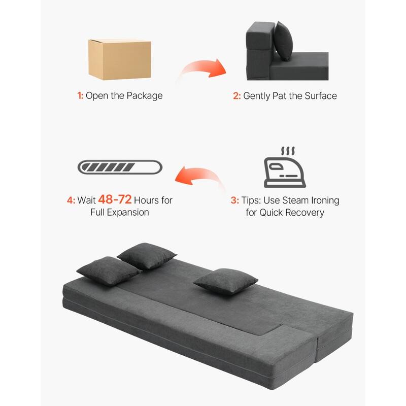 Dark Grey Twin Foam Fabric Foldable Sofa Bed with Pillows and Backrest - 40.55” L x 75.98” W x 8.86” H