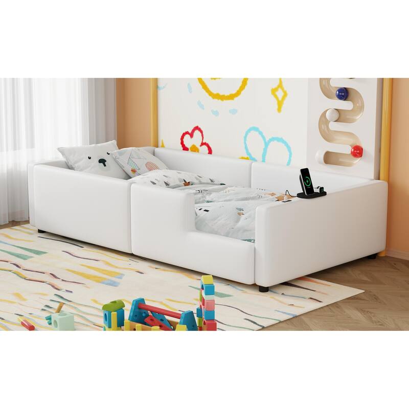 White Floor Bed Frame, Twin Size Upholstered Platform Bed with Slats, Guardrail and Charging Station for Children, Boys & Girls