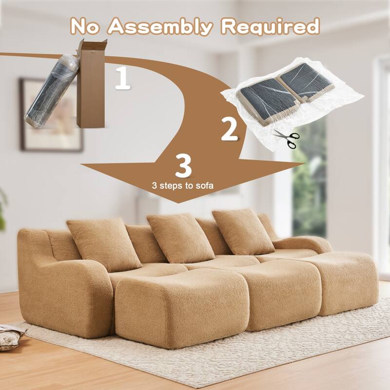 Anmytek Modern Plush 3-Seat Chaise Sofa - High-Quality Teddy Fabric, 32D High Density Sponge, No Assembly